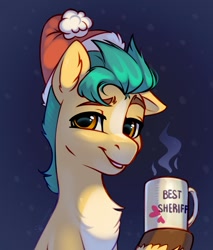 Size: 1255x1473 | Tagged: safe, artist:taneysha, hitch trailblazer, earth pony, pony, g5, my little pony: a new generation, blaze (coat marking), chest fluff, christmas, coat markings, cute, dreamworks face, ear fluff, facial markings, hat, hitchbetes, holiday, looking at you, male, mug, one ear down, pale belly, santa hat, sheriff, solo, stallion, steam
