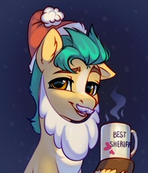 Size: 1255x1473 | Tagged: safe, alternate version, artist:taneysha, hitch trailblazer, earth pony, pony, g5, my little pony: a new generation, christmas, cute, ear fluff, hat, hitchbetes, holiday, male, mug, one ear down, santa hat, sheriff, solo, stallion, steam