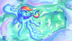 Size: 1800x1020 | Tagged: safe, artist:mannybcadavera, rainbow dash, pegasus, pony, g4, backwards cutie mark, female, flying, grin, looking back, mare, smiling, solo, spread wings, wings