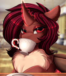 Size: 2582x3003 | Tagged: safe, artist:pridark, oc, oc only, oc:flechette, changeling, moth, mothling, original species, bust, chest fluff, commission, cup, curved horn, drinking, female, food, high res, holeless, horn, magic, plate, portrait, red changeling, solo, tea, telekinesis