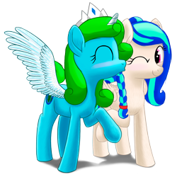 Size: 2000x2000 | Tagged: safe, artist:stellardust, oc, oc only, oc:cloud burst, oc:ertha, alicorn, pegasus, pony, 2022 community collab, derpibooru community collaboration, cheek kiss, female, high res, holding hooves, jewelry, kissing, mare, one eye closed, simple background, spread wings, tiara, transparent background, wings