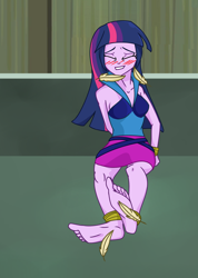 Size: 1364x1911 | Tagged: safe, artist:nie-martw-sie-o-mnie, part of a set, twilight sparkle, equestria girls, g4, ankle tied, arm behind back, barefoot, blushing, bondage, bound wrists, clothes, eyes closed, feather, feet, fetish, foot fetish, foot focus, grin, set:rainbooms in bondage, shirt, smiling, soles, solo, tickle torture, tickling, tied up, toes