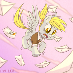 Size: 1280x1280 | Tagged: safe, artist:imvicka, derpy hooves, pegasus, pony, g4, alternate hairstyle, cute, delivery, derpabetes, envelope, female, letter, mailmare, mare, older derpy hooves, ponytail, silly, silly pony, solo