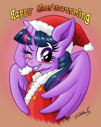 Size: 2807x3508 | Tagged: safe, artist:memprices, twilight sparkle, alicorn, pony, g4, bust, christmas, clothes, costume, grin, heartwarming, high res, holiday, horn, looking at you, one eye closed, santa costume, smiling, solo, twilight sparkle (alicorn), wings, wink, winking at you