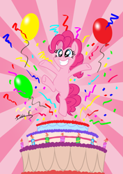 Size: 2481x3508 | Tagged: safe, artist:memprices, pinkie pie, earth pony, pony, g4, balloon, big smile, cake, candle, confetti, food, high res, hooves up, jumping, party, smiling, solo, streamers, vector