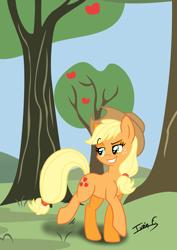 Size: 2481x3508 | Tagged: safe, artist:memprices, applejack, earth pony, pony, g4, apple, apple tree, cowboy hat, dreamworks face, hat, high res, smiling, smug, solo, tree, vector, walking