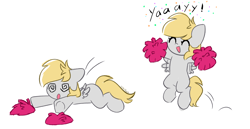 Size: 6800x3518 | Tagged: safe, artist:kittyrosie, derpy hooves, pegasus, pony, g4, :o, ^^, cheering, cheerleader, chibi, cute, derpabetes, eyes closed, floppy ears, fluttering, open mouth, pom pom, simple background, solo, swirly eyes, tripped, white background