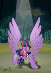 Size: 2481x3508 | Tagged: safe, artist:memprices, twilight sparkle, alicorn, pony, g4, angry, casting a spell, defending, everfree forest, high res, looking at you, magic, magic aura, raised hoof, solo, spell, spread wings, twilight sparkle (alicorn), vector