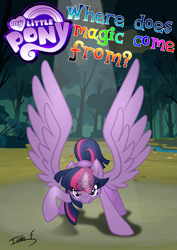 Size: 2481x3508 | Tagged: safe, artist:memprices, twilight sparkle, alicorn, pony, comic:where does magic come from?, g4, angry, casting a spell, comic cover, defending, everfree forest, high res, looking at you, magic, magic aura, raised hoof, solo, spell, spread wings, twilight sparkle (alicorn), vector