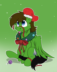 Size: 1744x2208 | Tagged: safe, alternate character, alternate version, artist:rokosmith26, oc, oc only, oc:delta hooves, pegasus, pony, armband, bow, cheek fluff, chest fluff, christmas, christmas stocking, christmas wreath, commission, floppy ears, gradient background, holiday, looking up, male, one ear down, pegasus oc, pegasus wings, raised hoof, ribbon, simple background, sitting, smiling, solo, stallion, sweat, sweatdrop, tail, tongue out, wings, wreath, ych result