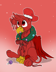 Size: 1744x2208 | Tagged: safe, alternate character, alternate version, artist:rokosmith26, oc, oc only, oc:con badger, griffon, beak, bow, cheek fluff, chest fluff, christmas, christmas stocking, christmas wreath, claws, commission, floppy ears, gradient background, griffon oc, holiday, looking up, male, one ear down, paws, raised hoof, ribbon, simple background, sitting, smiling, solo, sweat, sweatdrop, tail, tongue out, wings, wreath, ych result