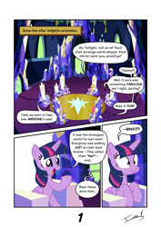 Size: 2481x3508 | Tagged: safe, artist:memprices, applejack, fluttershy, pinkie pie, rainbow dash, rarity, twilight sparkle, alicorn, earth pony, pegasus, pony, comic:where does magic come from?, g4, comic, dialogue, female, high res, mare, sitting, southern accent, talking, twilight sparkle (alicorn), twilight's castle, vector