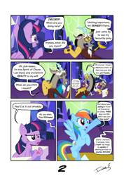 Size: 2481x3508 | Tagged: safe, artist:memprices, discord, rainbow dash, twilight sparkle, alicorn, draconequus, pegasus, pony, comic:where does magic come from?, g4, comic, dialogue, female, high res, male, mare, spread wings, talking, trio, twilight sparkle (alicorn), twilight's castle, vector, wings