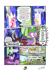 Size: 2481x3508 | Tagged: safe, artist:memprices, discord, fluttershy, pinkie pie, spike, twilight sparkle, alicorn, draconequus, dragon, earth pony, pegasus, pony, comic:where does magic come from?, g4, bipedal, comic, dialogue, female, high res, male, mare, ponyville, talking, twilight sparkle (alicorn), twilight's castle, vector