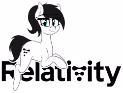 Size: 2048x1537 | Tagged: safe, artist:seafooddinner, oc, oc only, oc:relativityspacepone, earth pony, pony, female, logo, looking at you, lying down, mare, ponytail, relativity space, simple background