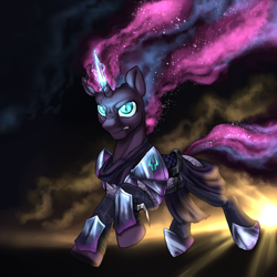 Size: 3000x3000 | Tagged: safe, artist:not-ordinary-pony, derpibooru exclusive, tempest shadow, pony, unicorn, g4, angry, artificial horn, crepuscular rays, ethereal mane, eye scar, female, glowing, glowing eyes, gritted teeth, high res, horn, mare, nightmarified, scar, slit pupils, solo, sparking horn, storm, teeth, tempest gets her horn back