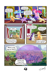 Size: 2481x3508 | Tagged: safe, artist:memprices, applejack, fluttershy, pinkie pie, rainbow dash, rarity, twilight sparkle, alicorn, earth pony, pegasus, pony, comic:where does magic come from?, g4, comic, dialogue, dome, female, high res, jumping, ponyville, running, southern accent, sweet apple acres, sweet apple acres barn, twilight sparkle (alicorn), twilight's castle