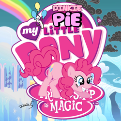 Size: 2500x2500 | Tagged: safe, artist:memprices, pinkie pie, earth pony, pony, g4, avatar, cloudsdale, grin, high res, my little pony logo, playful, rainbow, smiling, solo, vector