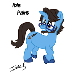 Size: 4000x4000 | Tagged: safe, artist:memprices, oc, oc:ibis paint, pony, unicorn, absurd resolution, beard, blue coat, blue pony, brown mane, brush, cutie mark, facial hair, glasses, ibis paint, male, original character do not steal, short mane, simple background, solo, stallion, stallion oc, vector, white background