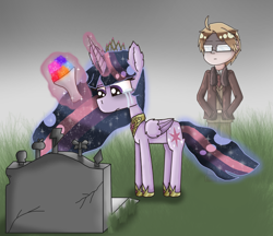 Size: 1930x1669 | Tagged: safe, artist:polishcrossoverfan, twilight sparkle, alicorn, human, pony, g4, the last problem, crossover, crown, crying, duo, female, flower, grave, gravestone, hetalia, human and pony, immortality blues, jewelry, magic, male, mare, older, older twilight, older twilight sparkle (alicorn), peytral, princess twilight 2.0, regalia, telekinesis, twilight sparkle (alicorn), twilight will outlive her friends, united states