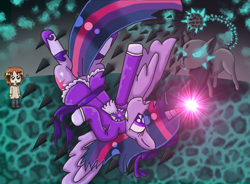 Size: 1903x1397 | Tagged: safe, artist:polishcrossoverfan, twilight sparkle, alicorn, human, semi-anthro, g4, arm hooves, clothes, crossover, dodge, glowing, hetalia, italy, monster, one eye closed, spread wings, twilight sparkle (alicorn), wings
