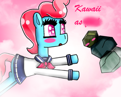 Size: 1198x963 | Tagged: safe, artist:polishcrossoverfan, cup cake, rocky, earth pony, pony, g4, blush sticker, blushing, clothes, crack shipping, female, mare, sailor uniform, shipping, uniform