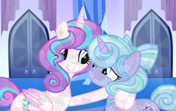 Size: 974x616 | Tagged: safe, artist:teaneey, princess flurry heart, oc, alicorn, crystal pony, pony, g4, base used, concave belly, duo, female, mare, older, older flurry heart, side hug, slender, thin