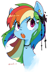 Size: 1134x1635 | Tagged: safe, artist:fuyugi, rainbow dash, pegasus, pony, :o, alternate hairstyle, blushing, bow, bust, choker, cute, dashabetes, ear piercing, eye clipping through hair, female, hair bow, hair ribbon, jewelry, looking at you, mare, open mouth, piercing, portrait, ribbon, simple background, solo, white background