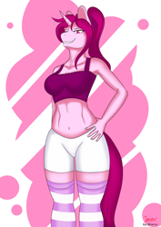 Size: 3307x4677 | Tagged: safe, artist:sforcetheartist, oc, oc only, oc:pink nebula, unicorn, anthro, clothes, female, mare, simple background, socks, solo, stockings, striped socks, thigh highs
