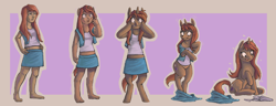 Size: 3959x1515 | Tagged: safe, artist:fauvfox, oc, oc only, human, pony, unicorn, anthro, bipedal, clothes, clothes falling off, clothes on floor, female, gritted teeth, human female, human to pony, looking at self, mare, motion lines, open mouth, passepartout, shirt, skirt, sparkles, teeth, transformation, transformation sequence