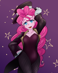 Size: 1510x1883 | Tagged: safe, artist:geraritydevillefort, pinkie pie, equestria girls, g4, clothes, female, fishnet pantyhose, gloves, hat, legs together, leotard, looking at you, magician, open mouth, solo