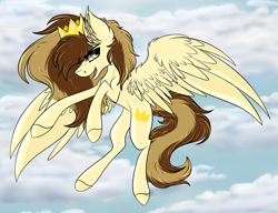Size: 3609x2773 | Tagged: safe, artist:beamybutt, oc, oc only, oc:prince whateverer, pegasus, pony, cloud, colored hooves, crown, ear fluff, flying, high res, jewelry, outdoors, pegasus oc, regalia, solo, wings