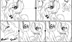 Size: 3701x2169 | Tagged: safe, artist:beamybutt, oc, oc only, oc:moonbeam, pony, comic, ear fluff, female, high res, lineart, male, mare, monochrome, simple background, stallion, white background