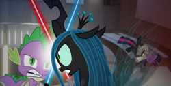 Size: 1920x967 | Tagged: safe, queen chrysalis, spike, twilight sparkle, alicorn, changeling, changeling queen, pony, g4, apprentice, cliche, darth, darth maul, death, duel of the fates, female, hole, injured, jedi, jedi master, lightsaber, mare, master, obi wan kenobi, obi-wan kenobi, padawan, qui-gon jinn, stabbed, stabbing, star wars, twi-gon, twilight sparkle (alicorn), weapon