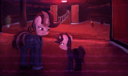 Size: 2011x1210 | Tagged: safe, artist:menalia, oc, oc only, oc:faliota, oc:menalia, pony, unicorn, aesthetics, clothes, door, error, female, filly, glitch, gloves, horn, mafia, mare, mother and child, mother and daughter, pants, shoes, stairs, suit