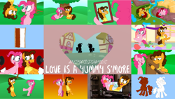 Size: 1280x721 | Tagged: safe, artist:animatedjames, edit, editor:quoterific, boneless, cheese sandwich, gummy, pinkie pie, earth pony, pony, g4, eyes closed, female, guitar, love is a yummy s'more, male, mare, musical instrument, open mouth, open smile, ship:cheesepie, shipping, smiling, stallion, straight