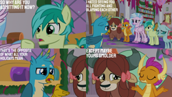 Size: 1280x720 | Tagged: safe, edit, edited screencap, editor:quoterific, screencap, gallus, ocellus, sandbar, silverstream, smolder, yona, changeling, dragon, earth pony, griffon, hippogriff, pony, yak, g4, season 8, the hearth's warming club, can't argue with that, eyes closed, female, hand on hip, male, open mouth, smiling, stallion, student six