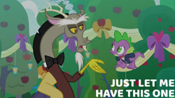 Size: 1280x720 | Tagged: safe, edit, edited screencap, editor:quoterific, screencap, discord, spike, draconequus, dragon, g4, season 9, the big mac question, bowtie, clothes, flying, formal wear, male, open mouth, suit, tuxedo, winged spike, wings