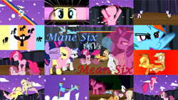 Size: 1280x720 | Tagged: safe, artist:spaceoddpony, edit, editor:quoterific, applejack, fluttershy, mean applejack, mean fluttershy, mean pinkie pie, mean rainbow dash, mean rarity, mean twilight sparkle, pinkie pie, rainbow dash, rarity, tree of harmony, twilight sparkle, alicorn, earth pony, pegasus, pony, unicorn, fanfic:mane six vs mean six, g4, applejack's hat, big crown thingy, clone, close-up, cowboy hat, element of magic, eyes closed, female, hat, jewelry, mane six, mare, mean six, night, nose in the air, open mouth, open smile, regalia, smiling, twilight sparkle (alicorn), uvula, volumetric mouth