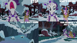 Size: 1280x720 | Tagged: safe, edit, edited screencap, editor:quoterific, screencap, clover the clever, princess platinum, rarity, twilight sparkle, pony, unicorn, g4, hearth's warming eve (episode), season 2, female, mare, nose in the air, open mouth, snow, unicorn twilight