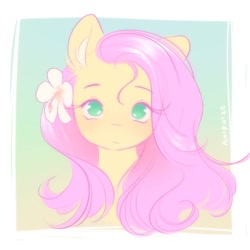 Size: 1500x1500 | Tagged: safe, artist:katputze, fluttershy, pegasus, pony, bust, cute, ear fluff, eyebrows, eyebrows visible through hair, eyelashes, female, flower, flower in hair, front view, full face view, head tilt, looking at you, mare, no pupils, pastel colors, portrait, shyabetes, solo, stray strand