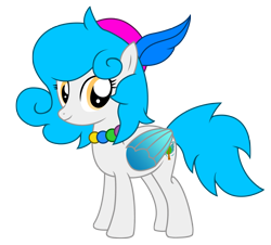 Size: 3462x3125 | Tagged: safe, artist:third uncle, derpibooru exclusive, oc, oc only, oc:lin xue, pegasus, pony, 2022 community collab, derpibooru community collaboration, blue mane, blue tail, colored wings, female, folded wings, full body, gradient wings, hat, high res, jewelry, mare, necklace, pegasus oc, simple background, smiling, solo, standing, tail, transparent background, wings, yellow eyes