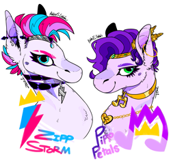 Size: 1161x1098 | Tagged: safe, artist:bloodybagels, pipp petals, zipp storm, pegasus, pony, g5, my little pony: a new generation, adorapipp, adorazipp, bust, cute, duo, duo female, ear piercing, earring, female, goth, goth pipp, goth zipp, jewelry, mare, necklace, piercing, portrait, royal sisters (g5), siblings, simple background, sisters, text, white background