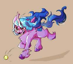 Size: 1430x1251 | Tagged: safe, artist:sootslash, izzy moonbow, pony, unicorn, g5, my little pony: a new generation, ball, behaving like a dog, female, izzy's tennis ball, mare, shadow, solo, tennis ball, that pony sure does love tennis balls