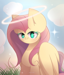 Size: 1666x1950 | Tagged: safe, artist:miryelis, fluttershy, pegasus, pony, g4, :3, cloud, cute, female, grass, halo, looking at you, mare, nimbus, sitting, smiling, smiling at you, solo, sparkles, wings