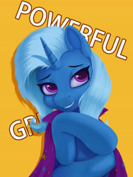 Size: 3543x4724 | Tagged: safe, artist:lin feng, trixie, pony, unicorn, g4, absurd resolution, female, grin, looking at you, mare, simple background, smiling, smiling at you, solo, yellow background