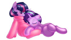 Size: 1920x1080 | Tagged: safe, artist:latexcut1e, starlight glimmer, twilight sparkle, alicorn, pony, unicorn, g4, belly, belly pillow, duo, ear fluff, eyes closed, fetish, hug, inflatable, inflatable fetish, inflatable suit, inflation, latex, latex suit, lying down, lying on top of someone, poofsuit, shiny, simple background, transparent background