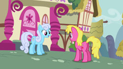 Size: 1920x1080 | Tagged: safe, screencap, cherry berry, linky, shoeshine, earth pony, pony, g4, season 3, sleepless in ponyville, background pony, butt, cherryplot, duo, female, looking at each other, looking at someone, mare, plot, ponyville