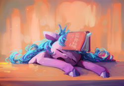 Size: 3920x2748 | Tagged: safe, artist:inkhooves, izzy moonbow, pony, unicorn, g5, my little pony: a new generation, book, female, high res, japanese, mare, sleeping, solo