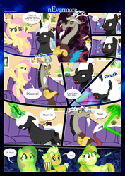 Size: 3259x4607 | Tagged: safe, artist:estories, discord, fluttershy, oc, oc:alice goldenfeather, oc:fable, oc:möbius, draconequus, earth pony, pegasus, pony, unicorn, comic:nevermore, g4, angry, brother and sister, comic, couch, energy blast, female, food, glowing, high res, horn, male, pegasus oc, popcorn, siblings, speech bubble, unicorn oc